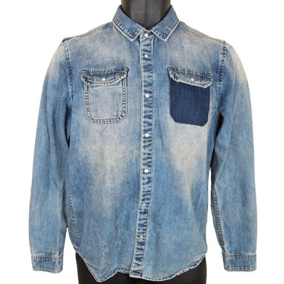 Racing Skull Denim Shirt Mens Size XS Blue Pearl Snap Buttons Point Fuel Speed - Picture 2 of 9